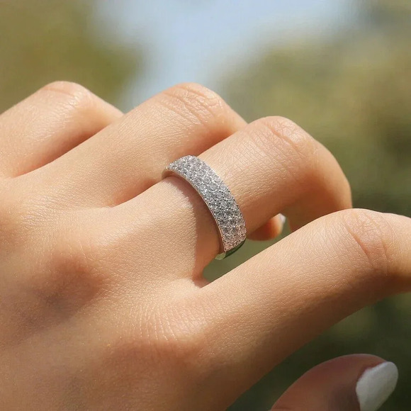 S925 Sterling Silver Diamond Eternity Ring Band - Picture 1 of 7